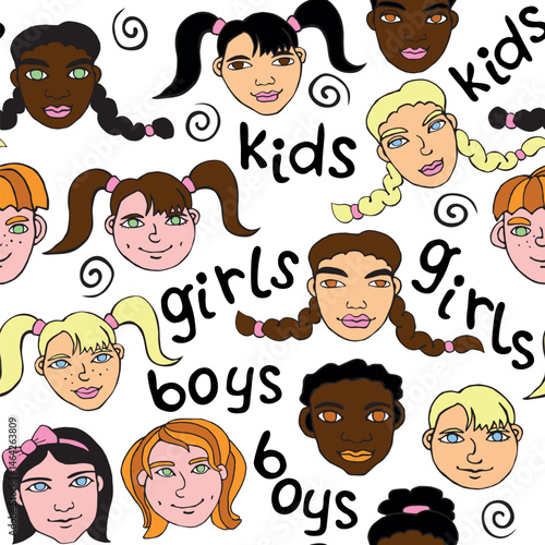 Vector colorful seamless pattern with cartoon faces, heads of kids, boys and girls. Friendship theme. Childish fun cute texture backdrop. Hand drawn color bright illustrations, clip arts.
