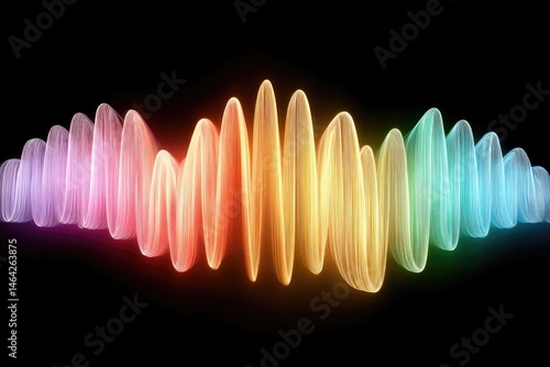 Obraz na płótnie Glowing Rainbow Soundwave Pattern on Black Background Creates an Enchanting Visual Experience Through Vibrant Colors and Smooth Waves w salonie