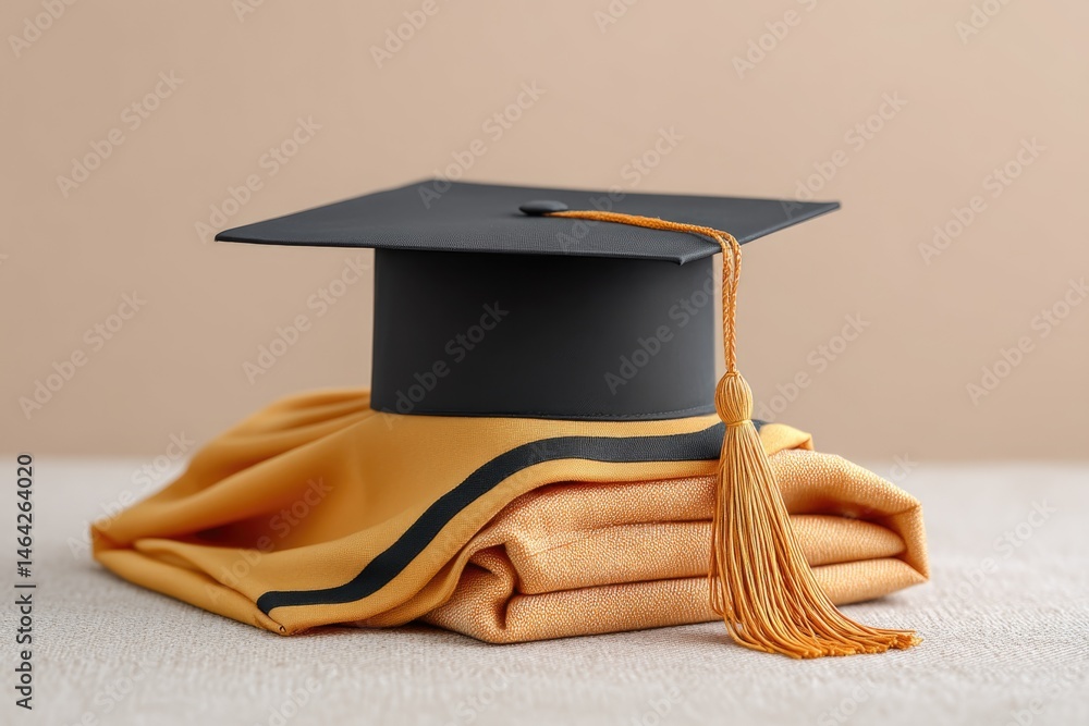 Graduation Cap Elegantly Resting on a Folded Academic Gown Ready for a Special Ceremony