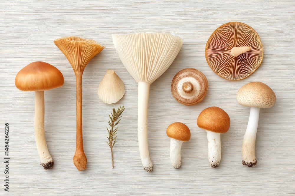 Diverse Types of Fungi Arranged on a Wooden Plank Highlighting Unique Shapes and Colors