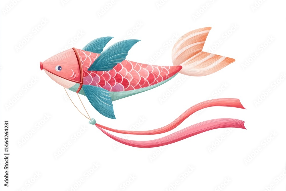 A Whimsical Fish Kite is Illustrated With Minimal Outlines in Vibrant Colors