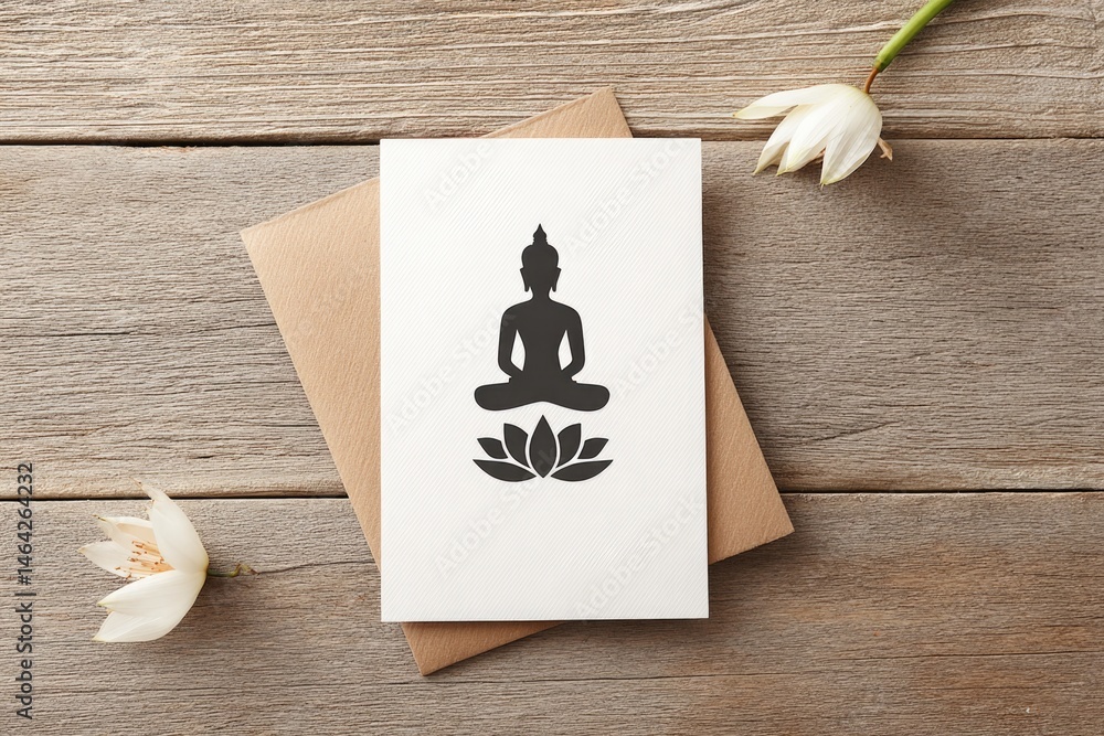 Handcrafted Vesak Greeting Card Featuring Buddha Design With Lotus on a Rustic Wooden Table
