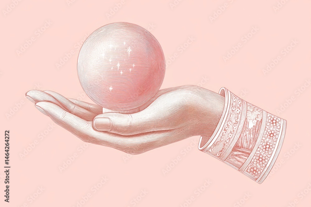 Hand-drawn Victorian Hand Holding a Celestial Sphere With Intricate Detailing and Soft Colors