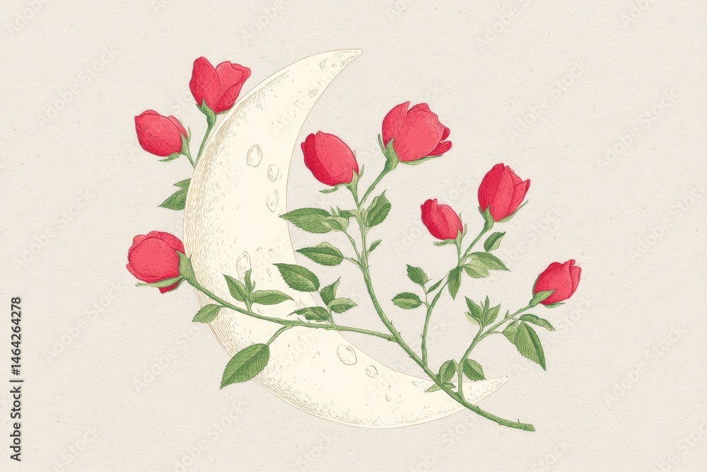 Hand-drawn Rose Vine Intertwined With a Crescent Moon in a Gothic Style Art Piece Featuring Delicate Pink Blooms and Leaves