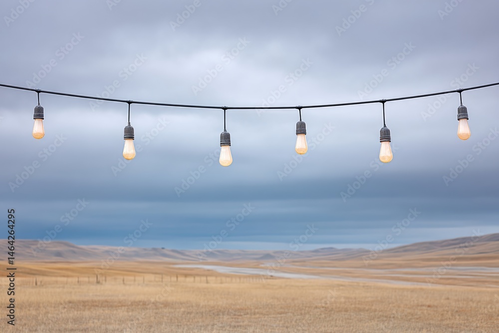 String Lights Illuminate a Vast Empty Western Landscape Under Cloudy Skies at Dusk Creating a Calm Atmosphere