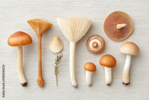 Obraz na płótnie Diverse Types of Fungi Arranged on a Wooden Plank Highlighting Unique Shapes and Colors w salonie