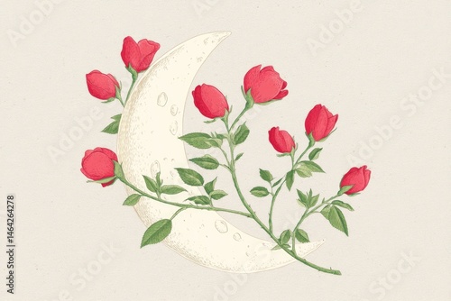 Obraz na płótnie Hand-drawn Rose Vine Intertwined With a Crescent Moon in a Gothic Style Art Piece Featuring Delicate Pink Blooms and Leaves w salonie