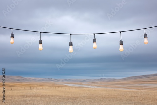 Obraz na płótnie String Lights Illuminate a Vast Empty Western Landscape Under Cloudy Skies at Dusk Creating a Calm Atmosphere w salonie