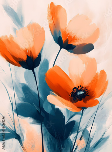 Abstract floral illustration with orange and teal tones on light background