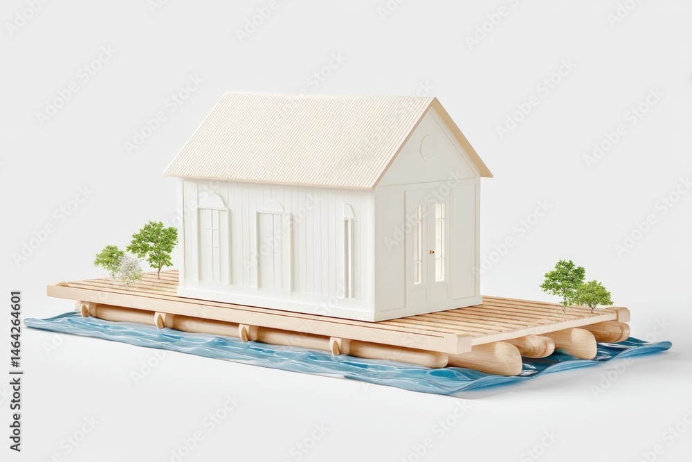 Unique House Shape Floating on a Raft Surrounded by Serene Water and Miniature Trees