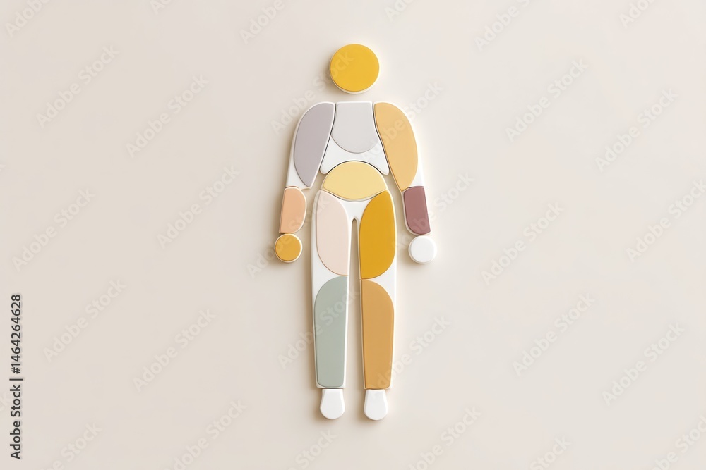 Human Figure Formed From Soft Puzzle Shapes in Playful Colors Set Against a Minimalistic Background