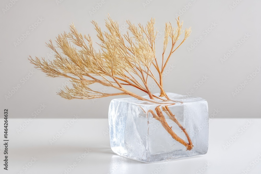 Symbolic Ice Block With Dried Tree Branches Showcasing Nature's Beauty and Resilience