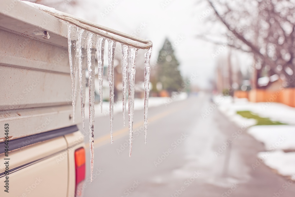 Icicles Form Along the Edge of a Truck During a Winter Storm in a Suburban Area