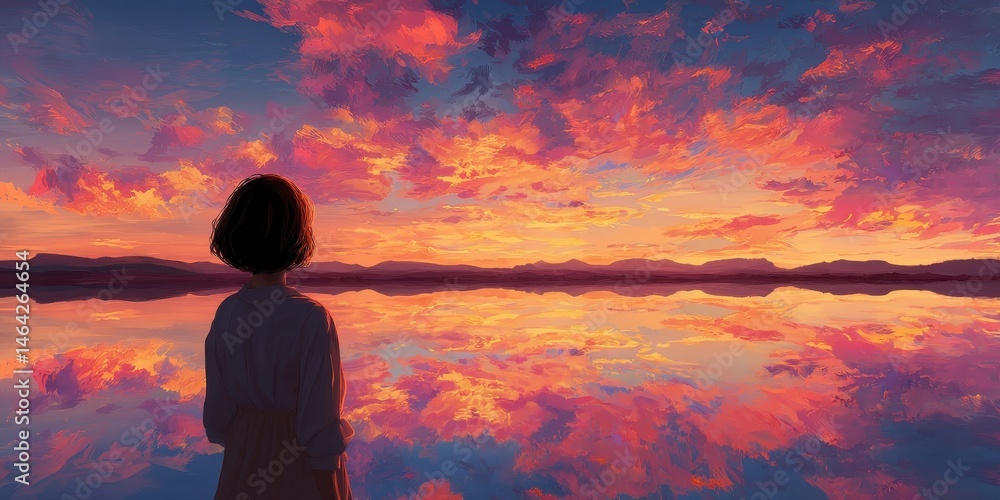 Obraz premium Sunset reflection over tranquil lake, featuring a figure.