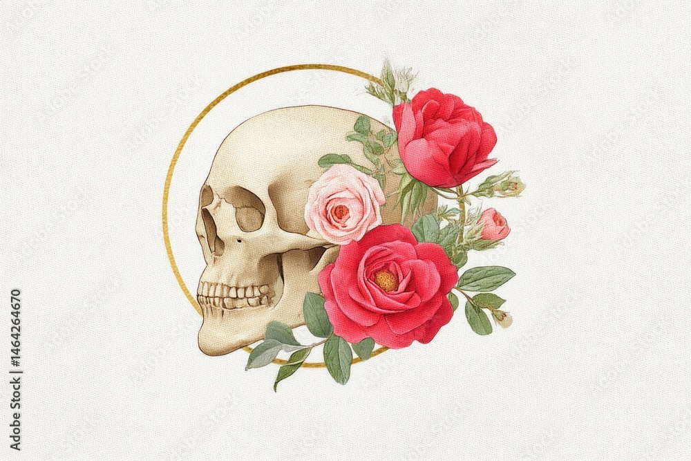 Celestial Skull Adorned With Vibrant Roses and Greenery in a Harmonious Floral Composition