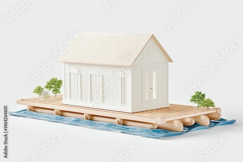 Obraz na płótnie Unique House Shape Floating on a Raft Surrounded by Serene Water and Miniature Trees w salonie