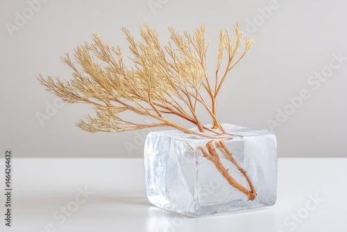 Obraz na płótnie Symbolic Ice Block With Dried Tree Branches Showcasing Nature's Beauty and Resilience w salonie
