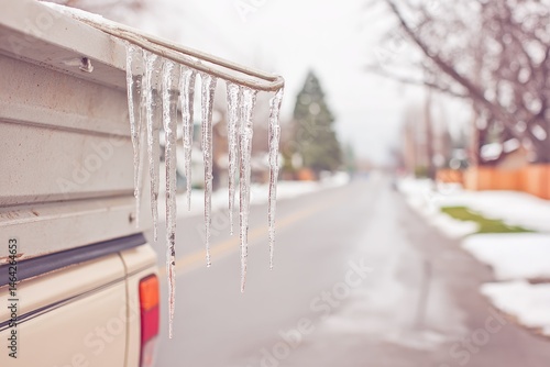 Obraz na płótnie Icicles Form Along the Edge of a Truck During a Winter Storm in a Suburban Area w salonie