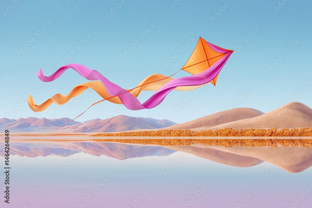 Vibrant Kite With Long Ribbon Tail Soars Above Serene Landscape at Dusk