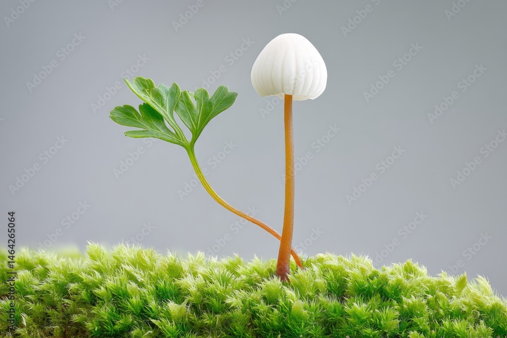 Moss Patch Featuring a Delicate Mushroom Alongside a Green Leaf in a Serene Environment