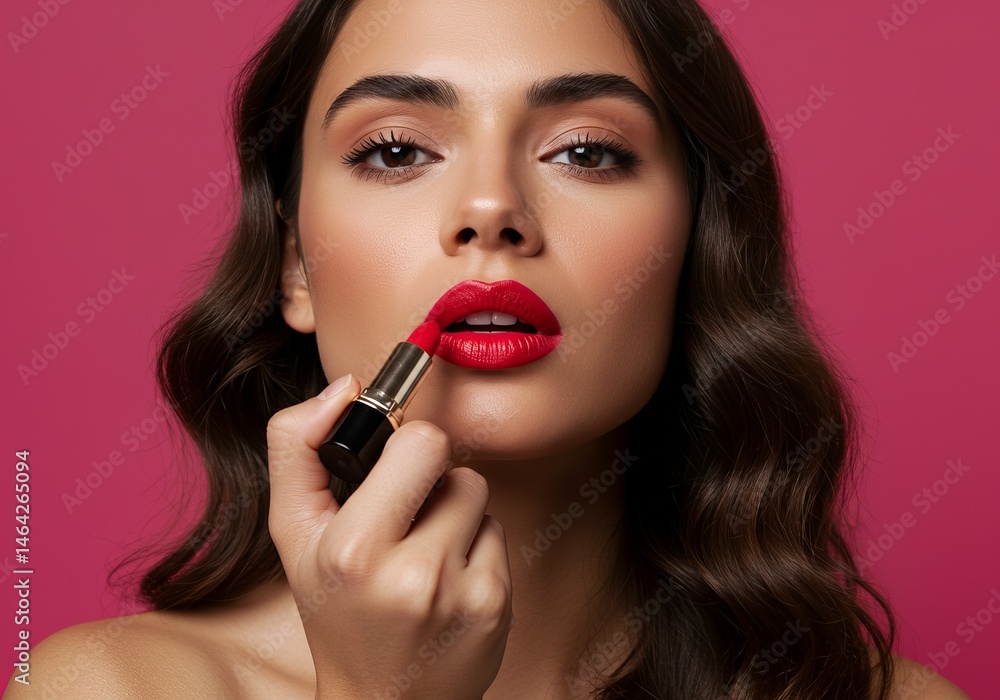 Stunning Woman Applying Vibrant Red Lipstick, Beauty and Makeup Close-up Shot Stunning Woman Applying Vibrant Red Lipstick, Beauty and Makeup Close-up Shot