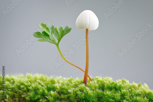 Obraz na płótnie Moss Patch Featuring a Delicate Mushroom Alongside a Green Leaf in a Serene Environment w salonie