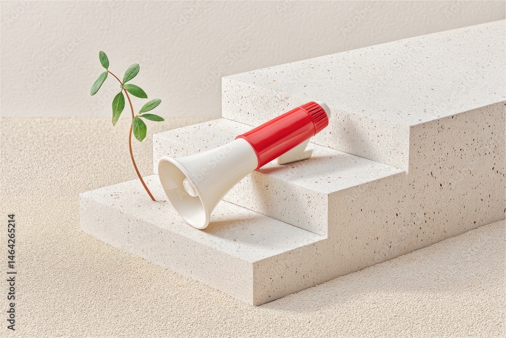 Megaphone Resting on Concrete Steps With a Small Plant Sprouting Beside It in a Minimalistic Setting