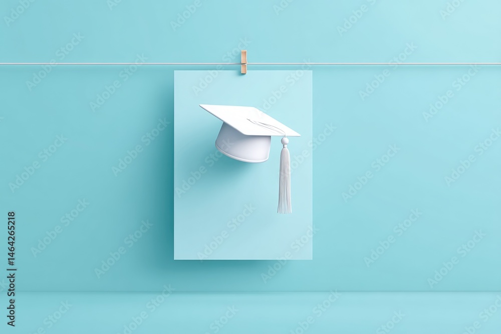 Minimal Design Poster Mockup Featuring a Graduation Cap Hanging Against a Blue Background