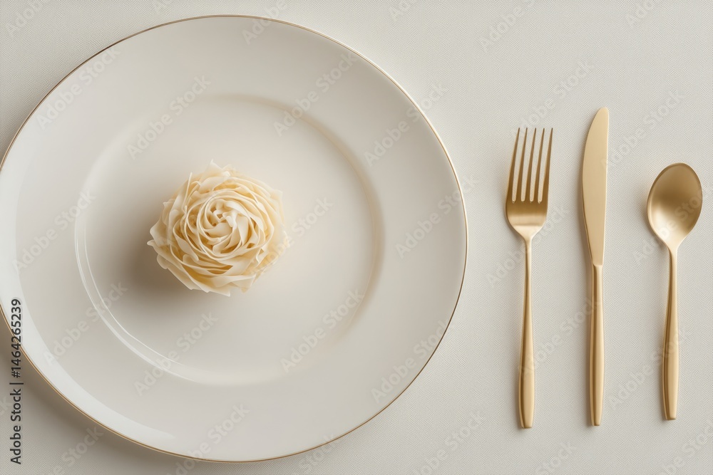 Miniature Pasta Shaped Like a Rose Placed on an Elegant Plate With Gold Cutlery in a Dining Setting