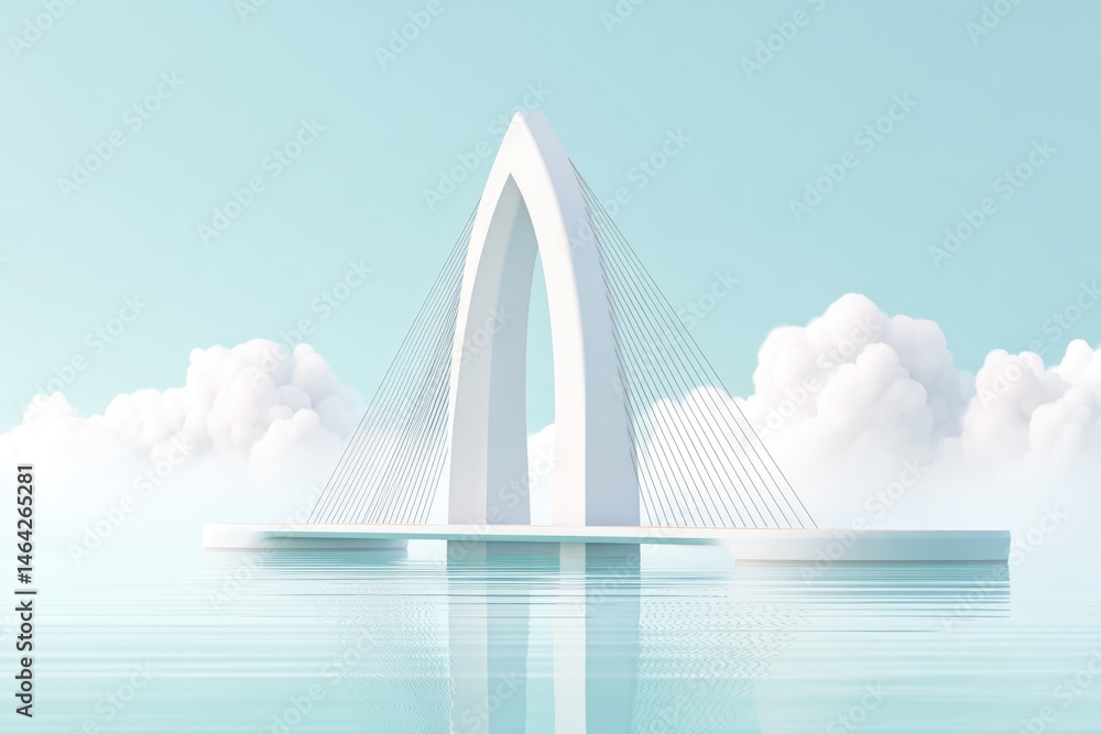 Minimalist Bridge Design Symbolizes Connection Between Land and Water in a Serene, Cloud-Filled Environment During Daylight
