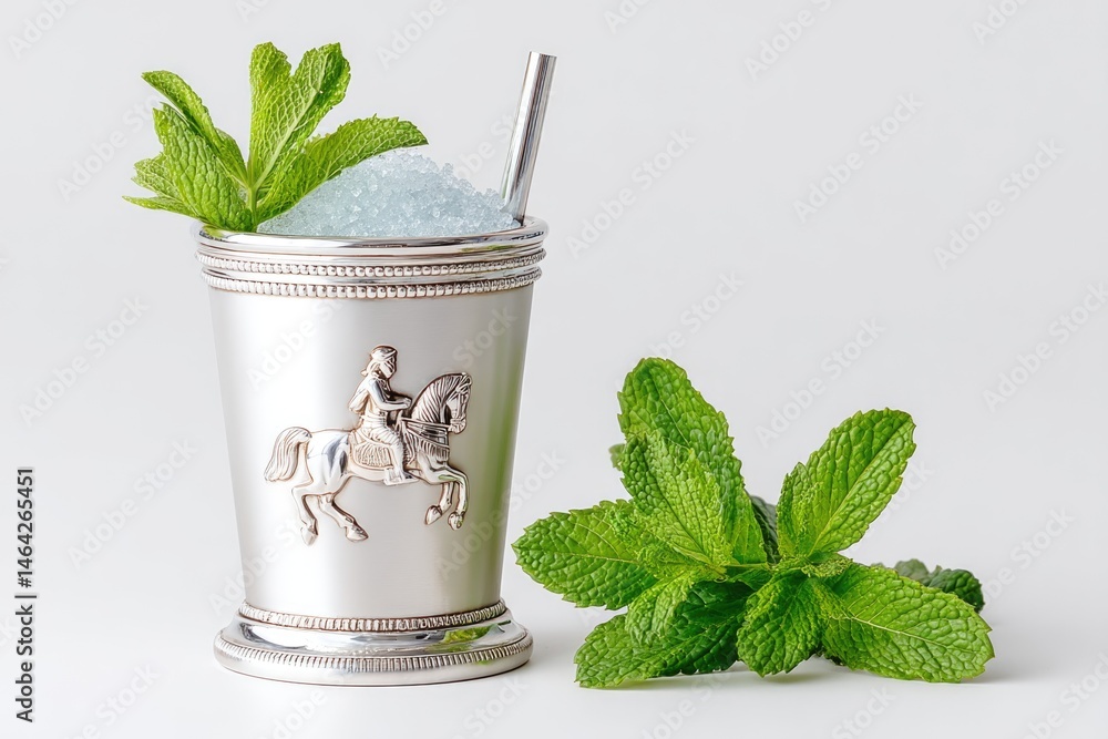 Mint Julep Served in an Embossed Silver Cup Surrounded by Fresh Mint Leaves on a White Background