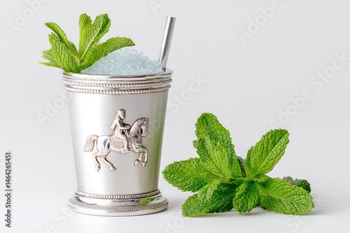 Obraz na płótnie Mint Julep Served in an Embossed Silver Cup Surrounded by Fresh Mint Leaves on a White Background w salonie