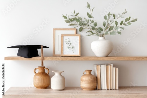 Obraz na płótnie Modern Shelf Design Featuring Black Academic Cap and Decorative Vases in a Stylish Interior Setting w salonie