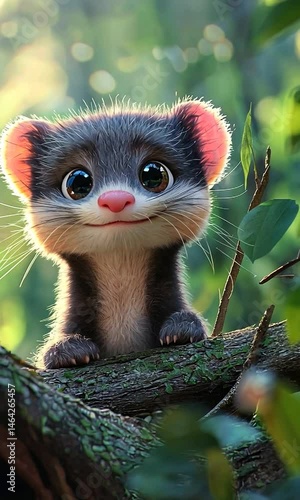 Adorable cartoon animal peeking from a tree branch in a vibrant forest setting