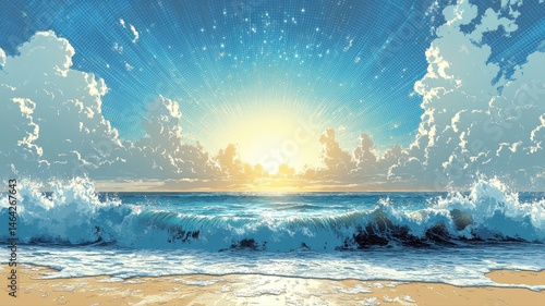 Dreamy Anime Beach with Sparkling Sky and Crashing Waves at Sunset anime beach waves sky sunset sun