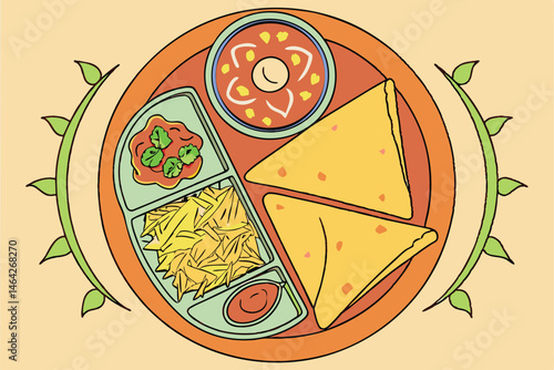 37 Indian thali, colorful platter, vegetarian feast, crispy dosa, golden samosas, fragrant biryani rice, spicy vegetable curry, chutney dipping sauce, garnished with fresh coriander, vibrant food phot