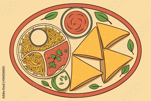 37 Indian thali, colorful platter, vegetarian feast, crispy dosa, golden samosas, fragrant biryani rice, spicy vegetable curry, chutney dipping sauce, garnished with fresh coriander, vibrant food phot