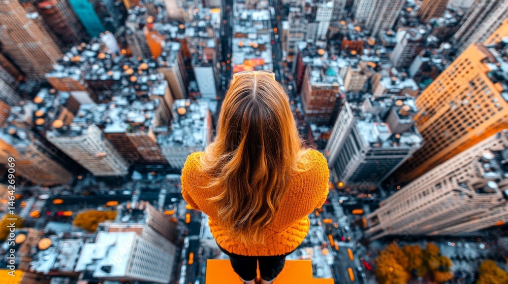 Obraz premium A woman stands on a ledge overlooking a vibrant cityscape
