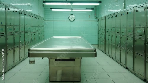 Green-tiled morgue with central stainless steel table