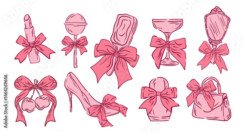 Set flat coquette girly elements. Hand drawn Aesthetic elegant decor for Valentine and wedding, cards, poster. Line art of shoes, lipstick, perfume, cherry, bag, glass.