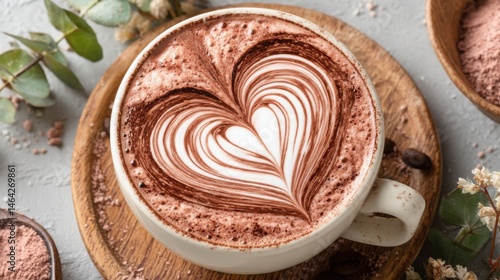 Creamy hot chocolate with heart design on wooden table  