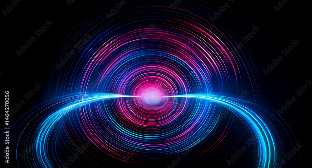 Abstract swirling concentric circles of vibrant pink, blue, and purple light against a black background. A bright central core emits a glowing energy. Abstract swirling concentric circles of vibrant pink, blue, and purple light against a black background. A bright central core emits a glowing energy.