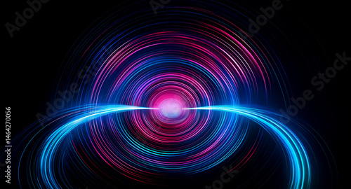 Abstract swirling concentric circles of vibrant pink, blue, and purple light against a black background. A bright central core emits a glowing energy.