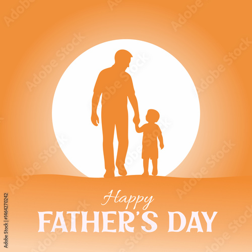 Silhouette of father and child holding hands during sunset. Happy Father's Day greeting with orange background. Parenting, love, support, and fatherhood celebration concept illustration.
