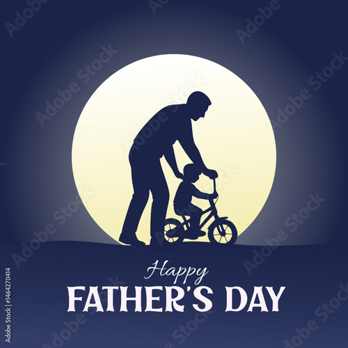Happy Father's Day greeting with night background. Silhouette of father teaching child to ride a bicycle under full moon. Parenting, support, love, and fatherhood concept illustration.