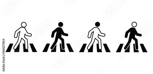 Simple Black and White Crosswalk Icons Pedestrian Figures Walking on Stripes Vector Design Illustration