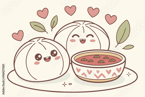 38 Cute kawaii bread rolls with faces, smiling bao buns, bowl of soup, pastel colors, white plate, pink hearts, green leaves, adorable food illustration, chibi style, soft lighting, 3D render, digital