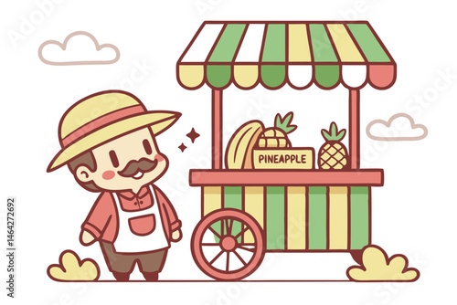 39 Cute cartoon street food vendor, colorful wheeled cart, pineapples, pastries, awning, straw hat, mustache, apron, cheerful expression, vibrant colors, illustrated style, street market scene, food s