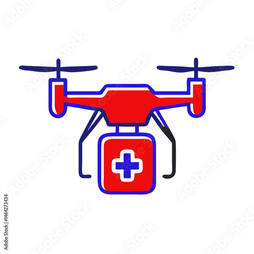 Red and blue medical drone icon, healthcare delivery system, copy space