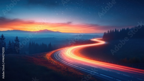 Vibrant Light Trails Streak Along Curving Night Road road night vibrant nature highway twilight dusk